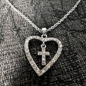 Heart & Cross Rhinestone 16in Silver Necklace